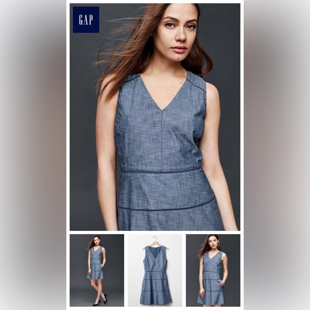 Gap Blue Denim‎ Chambray V-Neck Eyelet Fit Flare Knee Length Casual Dress 10